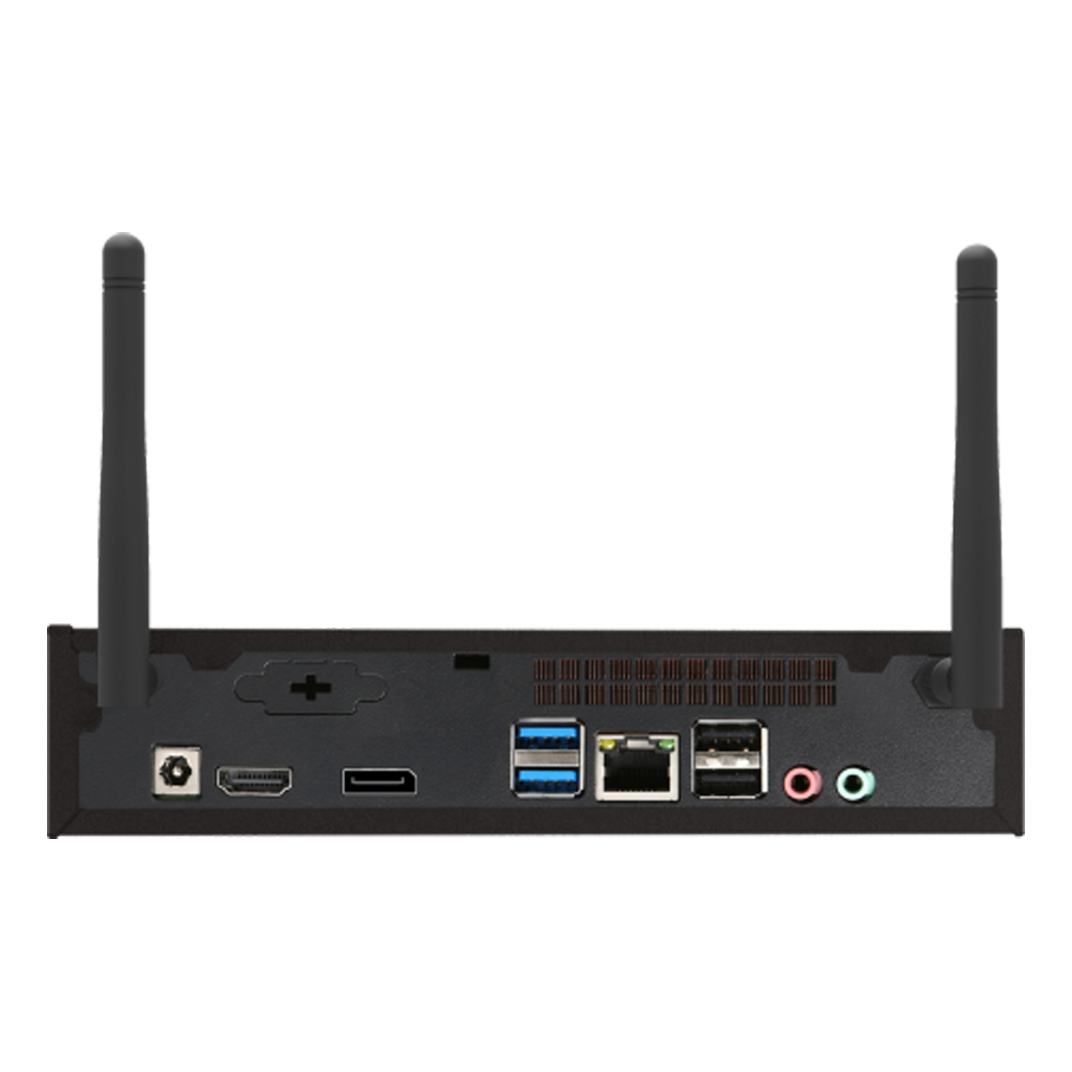 İki antenli, USB ve HDMI bağlantı noktalarına sahip küçük siyah bilgisayarın arkası.