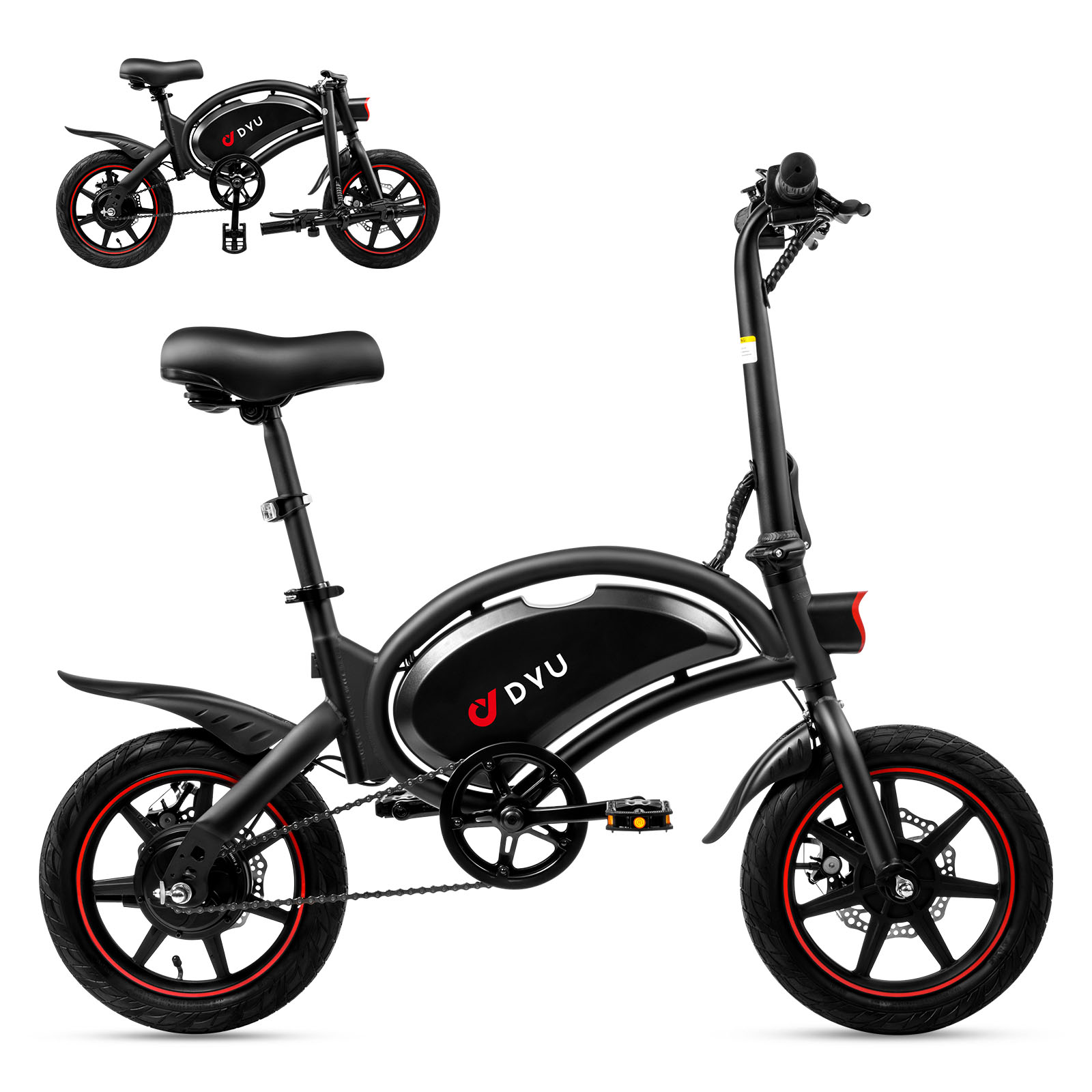 Bicicleta eléctrica plegable negra con detalles rojos en los aros, plegada y desplegada.