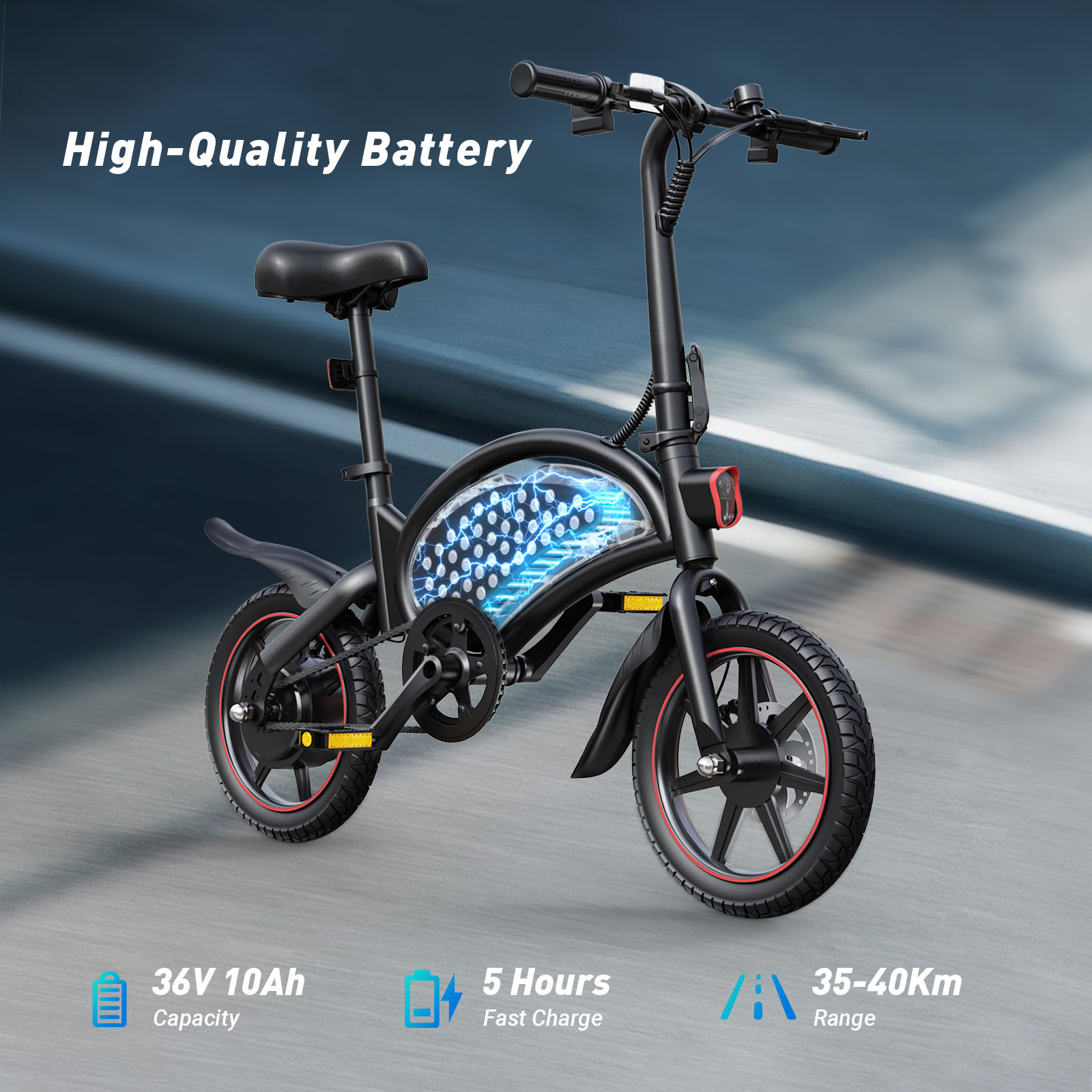 Bicicleta eléctrica negra con batería visible, sobre fondo pavimentado.