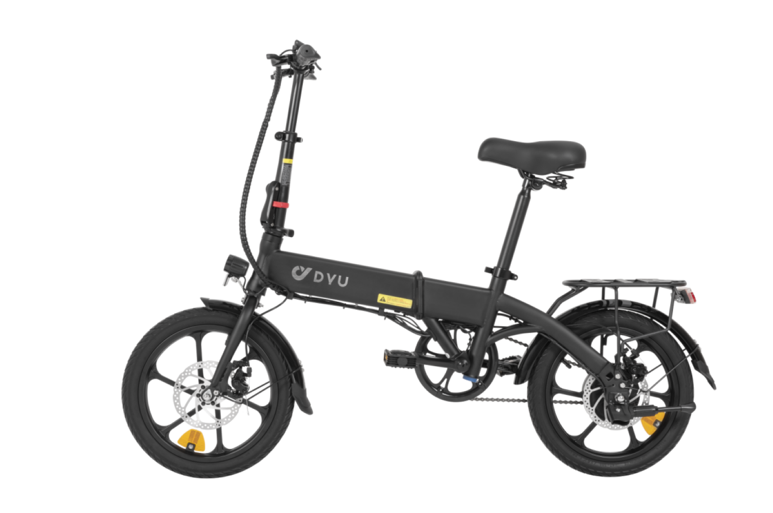 Una bicicletta elettrica pieghevole nera con cerchi argentati, portapacchi posteriore e faro.