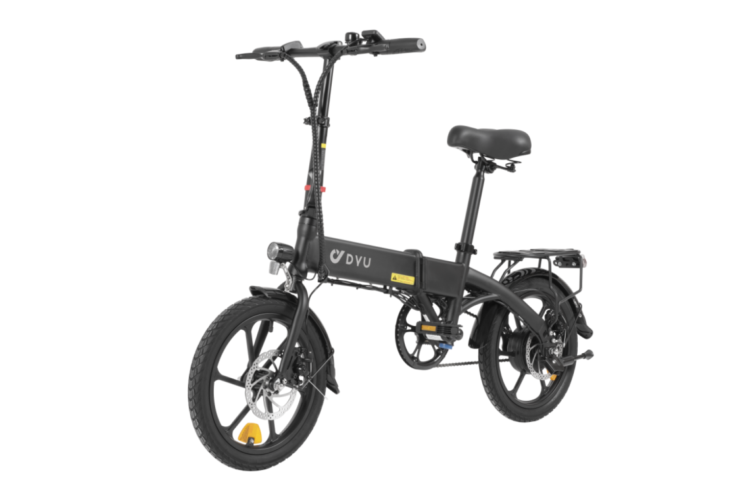 Una bicicletta elettrica pieghevole nera con portapacchi posteriore e faro.