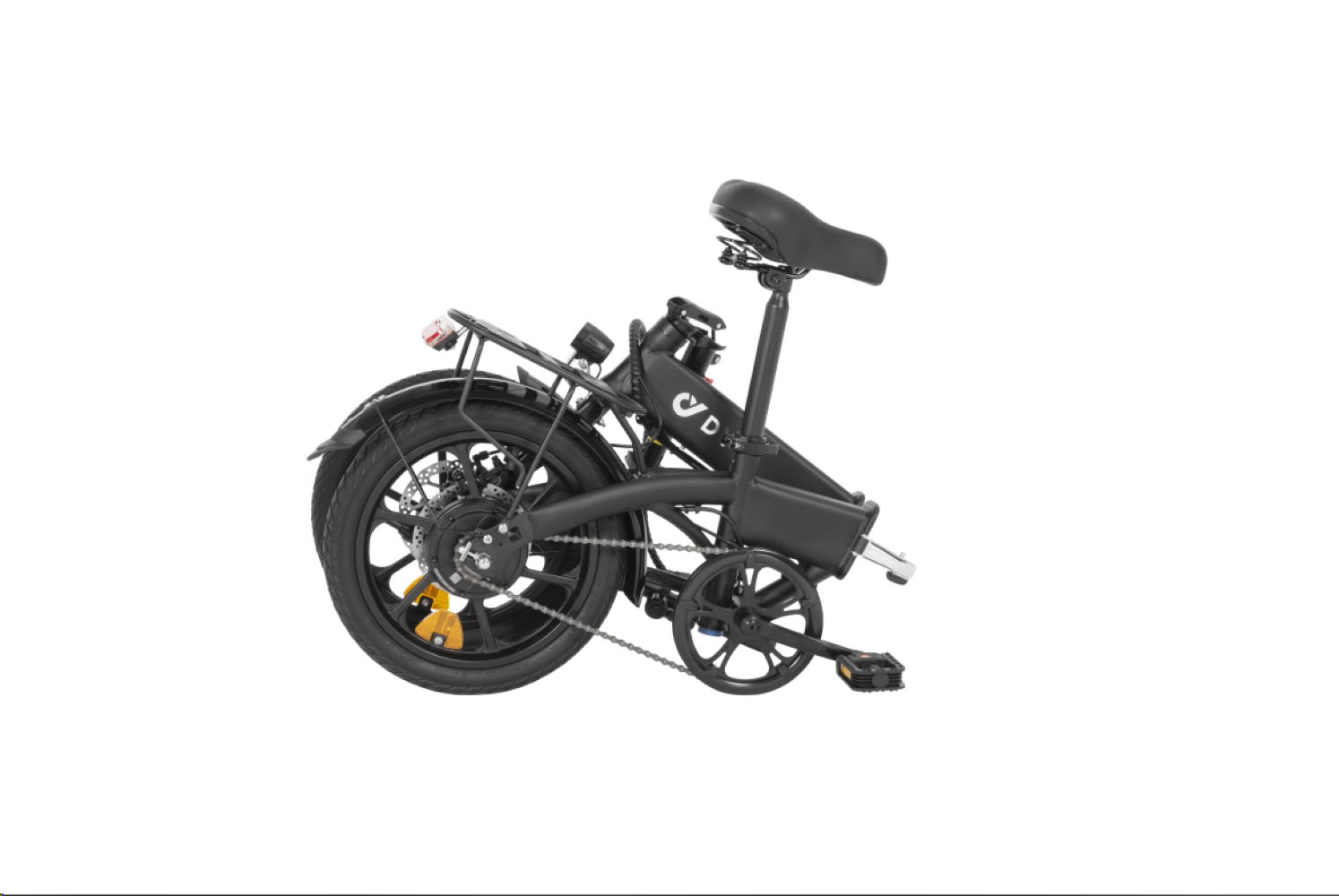 Una bicicletta elettrica nera piegata con portapacchi e fanale posteriore.