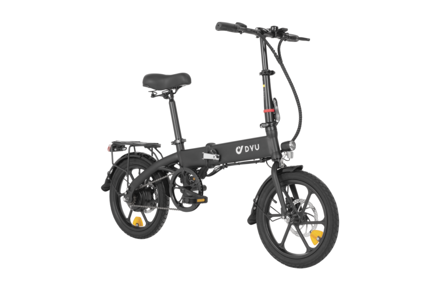 Una bicicletta pieghevole nera con il logo DVU sul telaio, sfondo bianco.