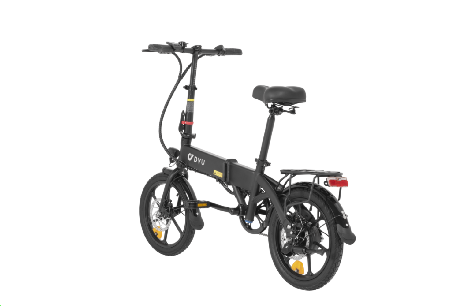 Una bicicletta elettrica pieghevole nera con cerchi argentati e luci posteriori rosse.