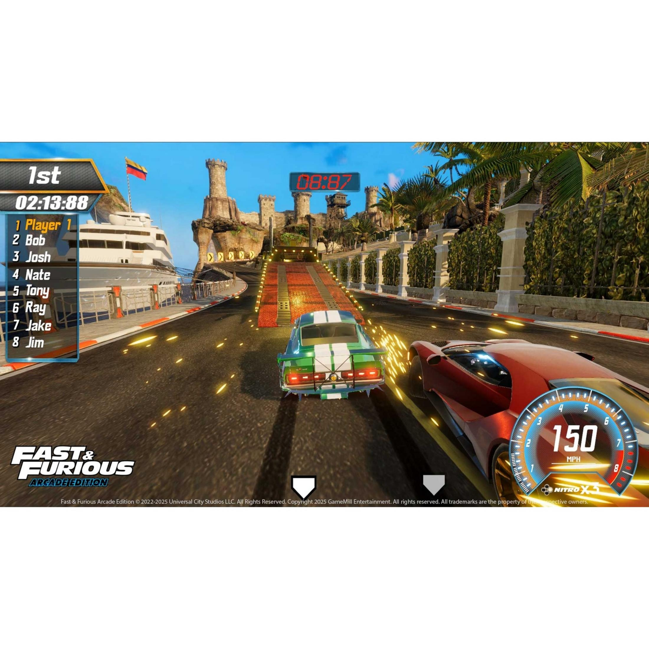 Gioco di corse: auto verde avanti, auto rossa accanto. Tachimetro segna 150 MPH.