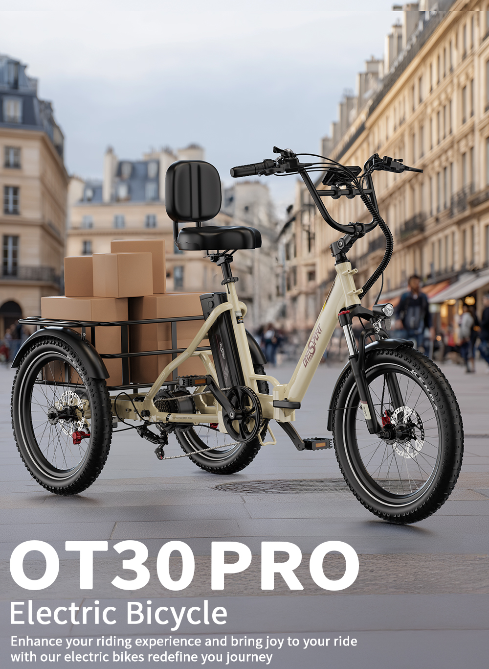 Bicicleta eléctrica triciclo beige con cesta llena de paquetes en calle urbana.