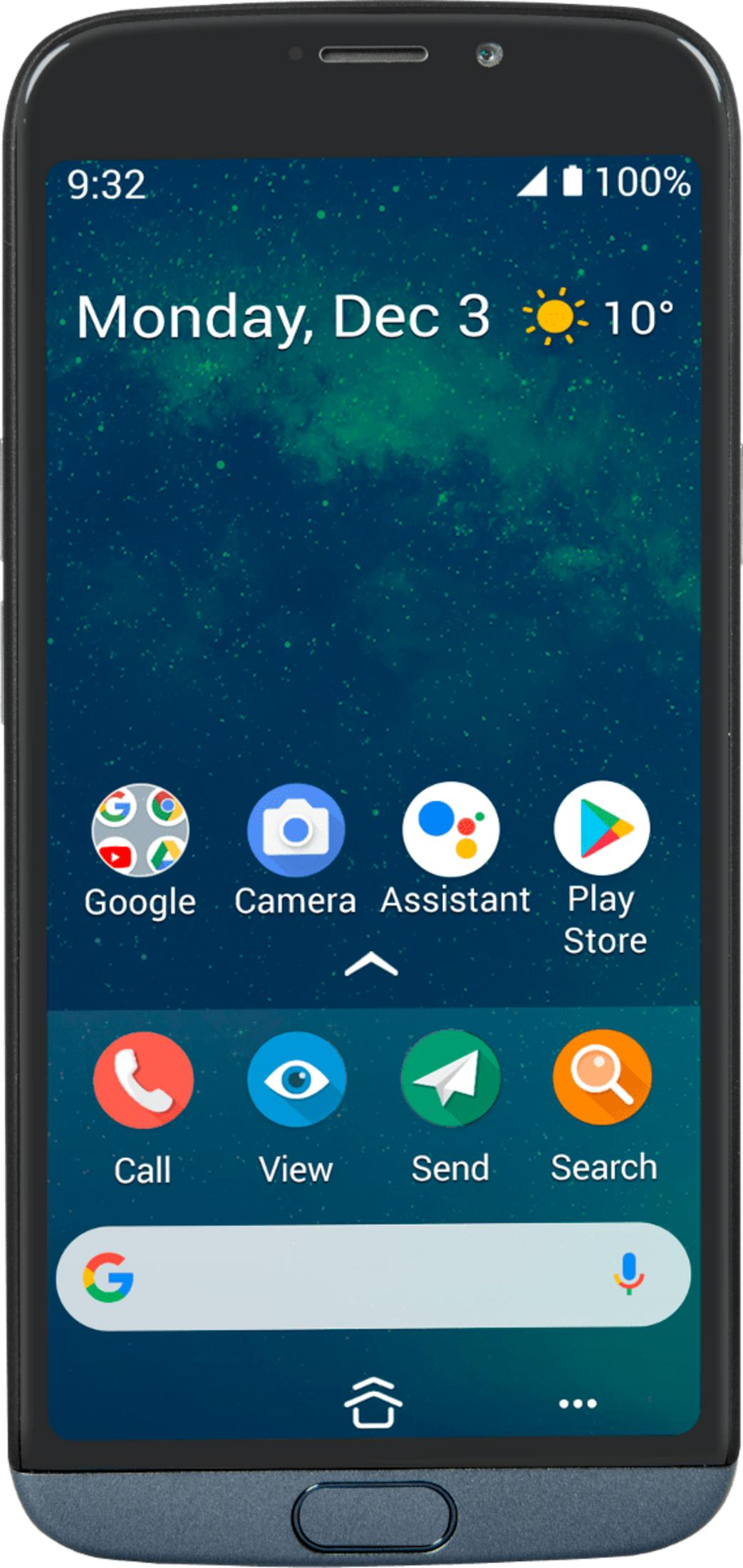 Smartfon wyświetla ekran główny z godziną, datą, pogodą i ikonami aplikacji.