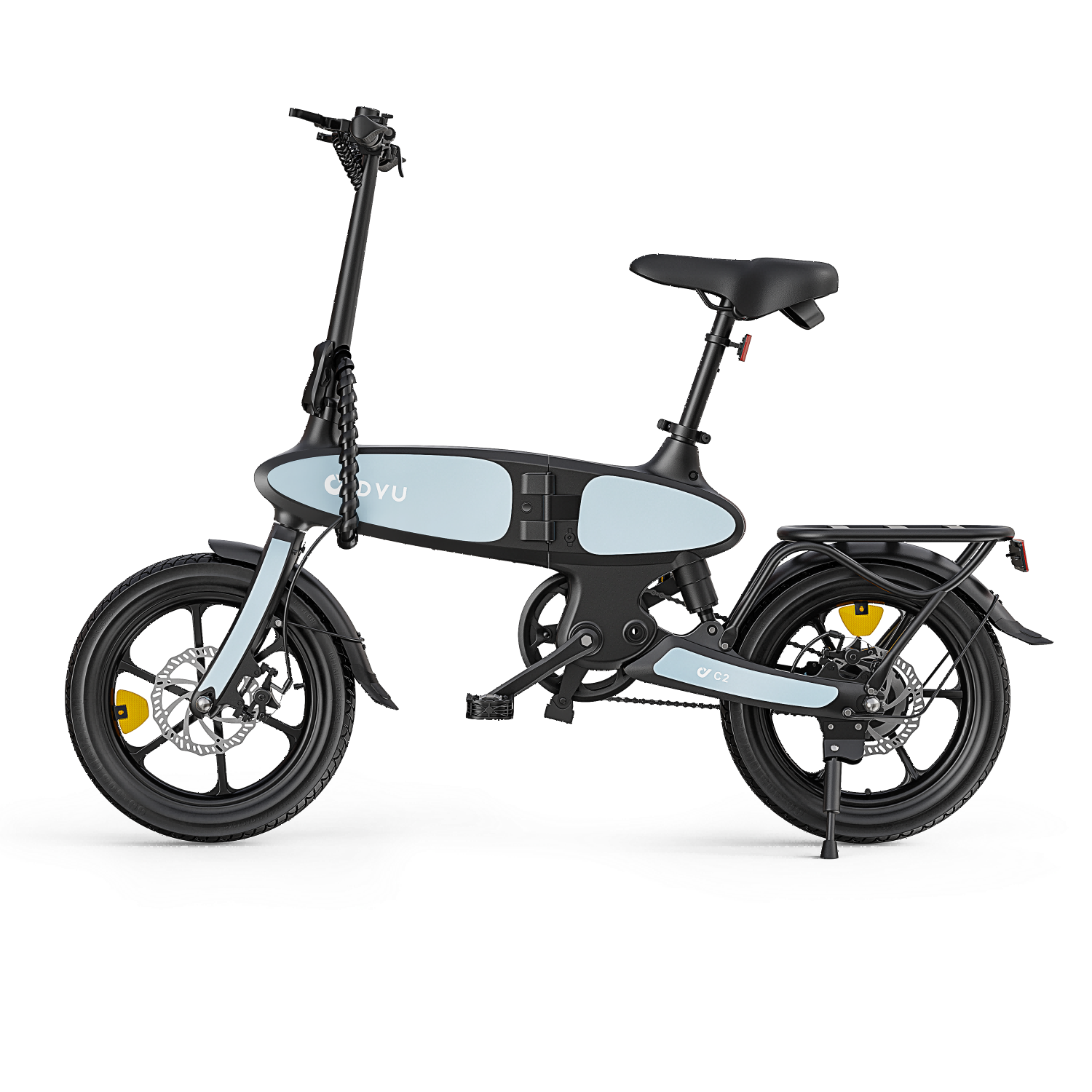 Una bicicleta eléctrica negra con detalles azul claro y pinzas amarillas.
