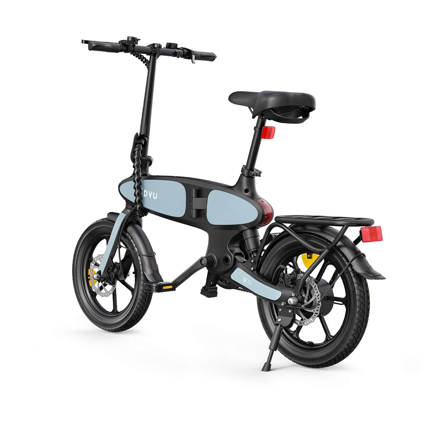 Una bicicleta eléctrica negra con detalles azul claro, con portaequipajes y reflectores.
