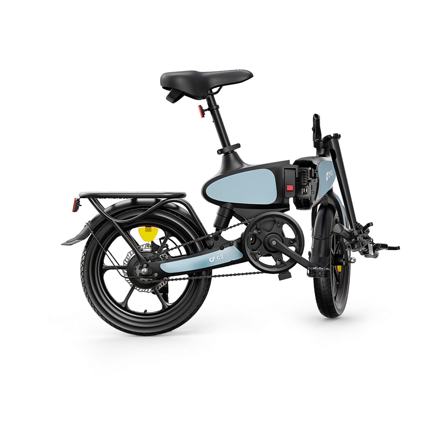 Una bicicleta eléctrica plegable azul claro y negra con portaequipajes y reflectores.