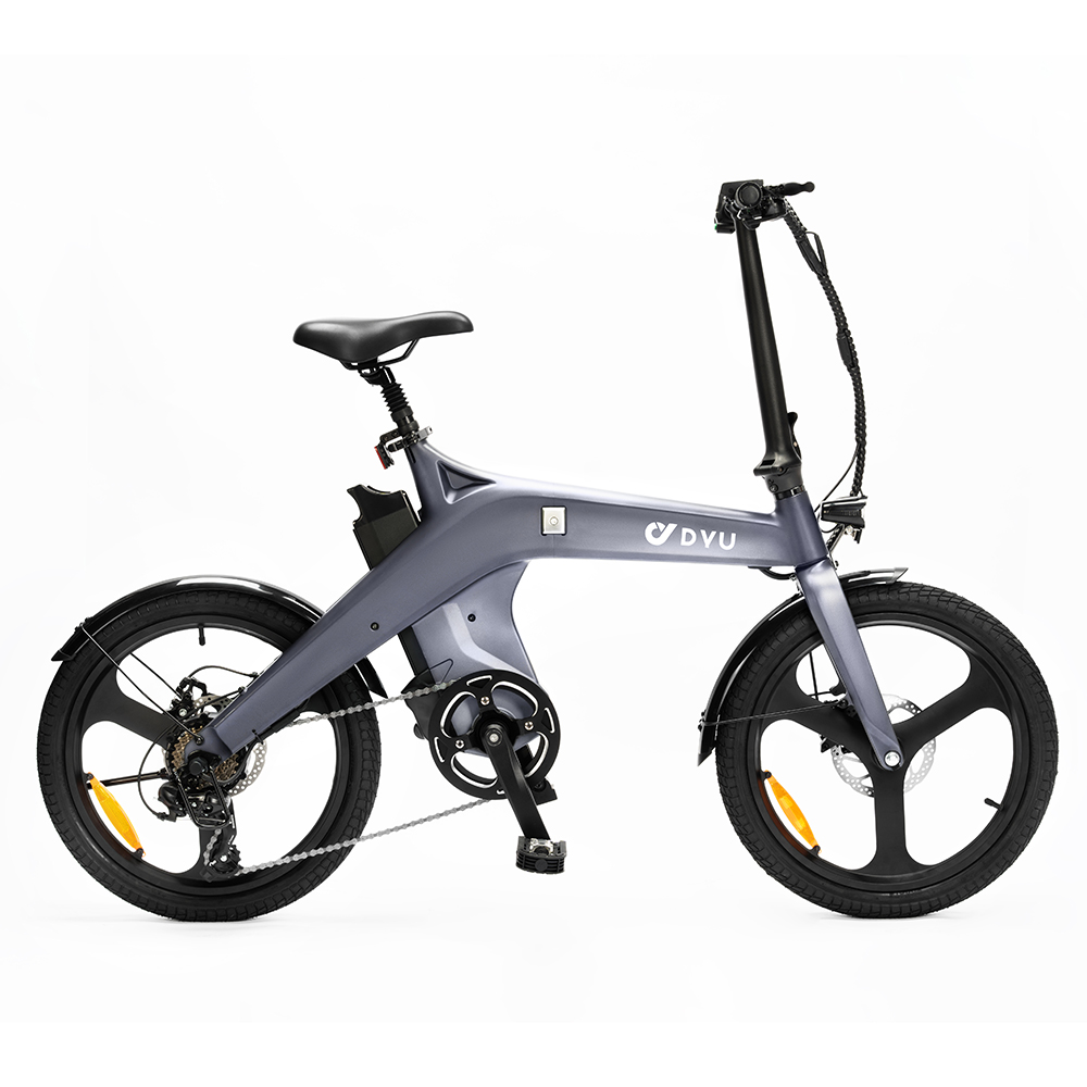 Una bici elettrica pieghevole grigia con ruote e sella nere.
