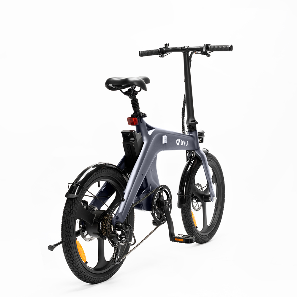 Bicicletta elettrica pieghevole grigia con pneumatici, sella e manubrio neri.