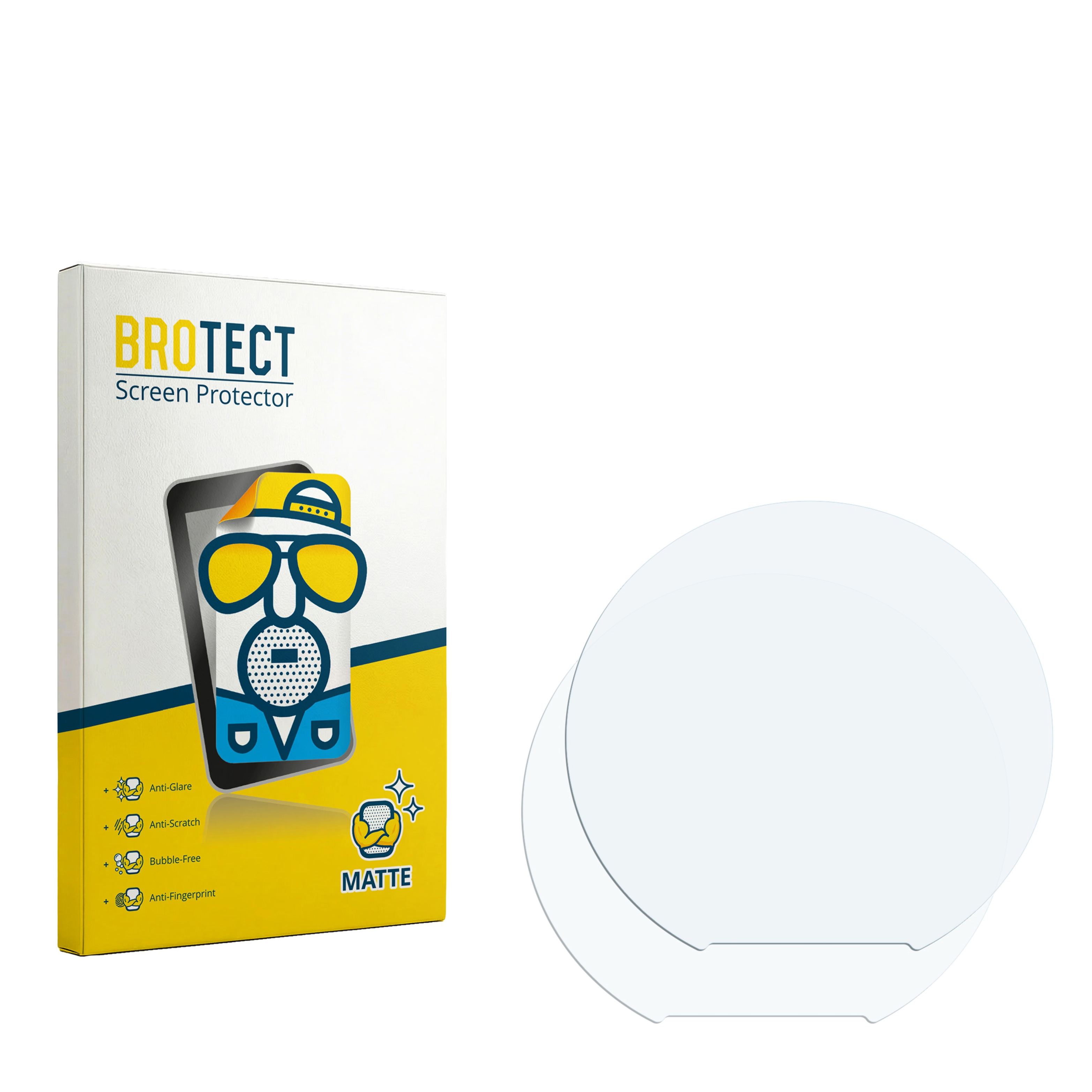 Verpackung für BROTECT Displayschutzfolie und zwei runde Folien daneben.