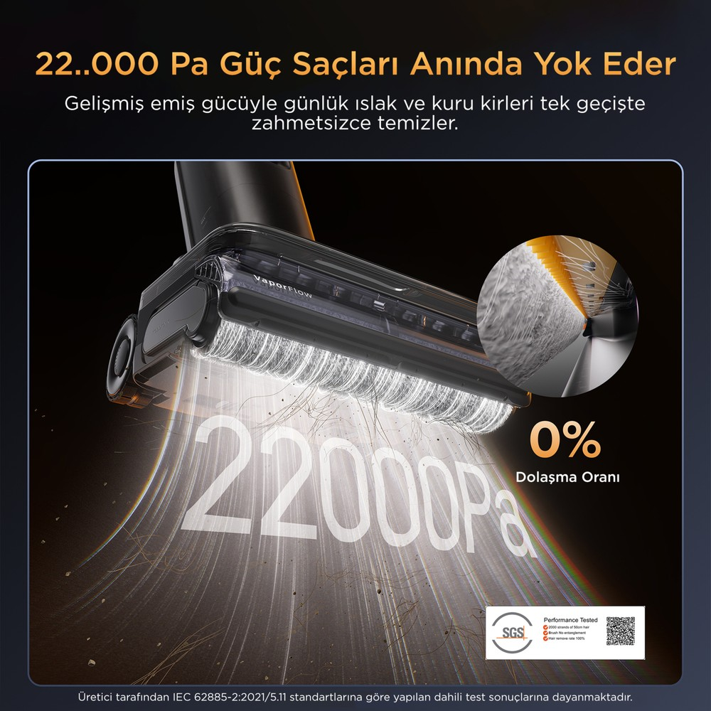 Cabezal de aspiradora succiona pelo y suciedad con 22000Pa. Tasa de enredo 0%.