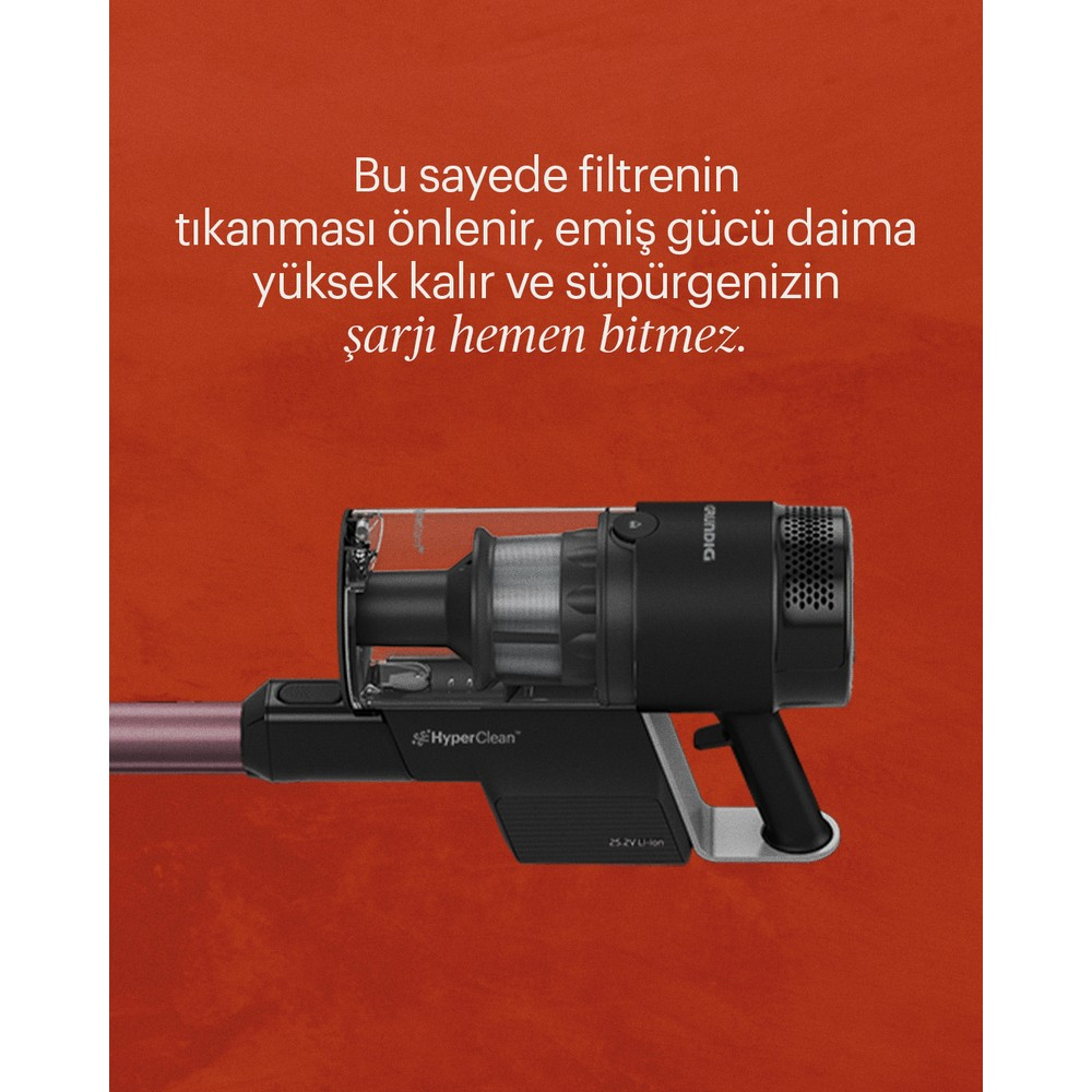 Turuncu arka plan önünde şeffaf toz haznesine sahip siyah kablosuz elektrikli süpürge.