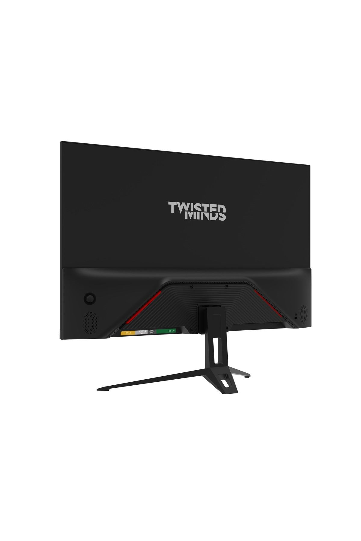 Siyah monitörün arkası, "TWISTED MINDS" logosu ve bağlantı noktaları. Siyah stant.