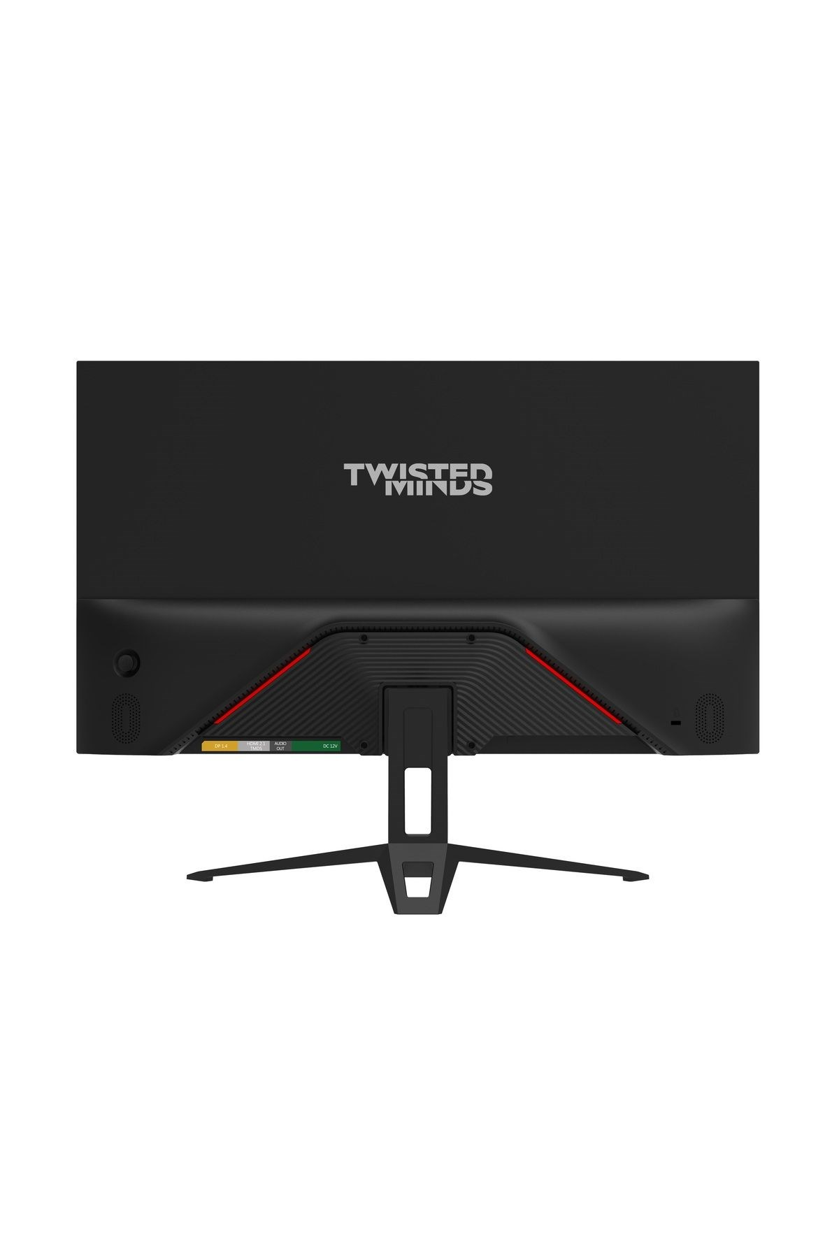 Twisted Minds logosu ve DP 1.4 bağlantı noktaları olan siyah monitörün arkası.