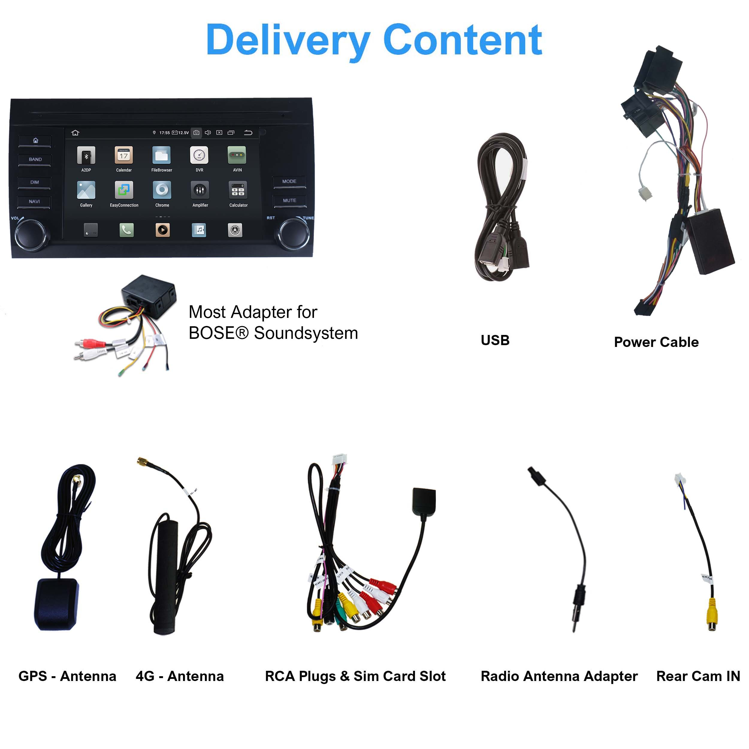 Ein Autoradio-Display mit Zubehör: Adapter, Kabel, Antennen, Stecker.