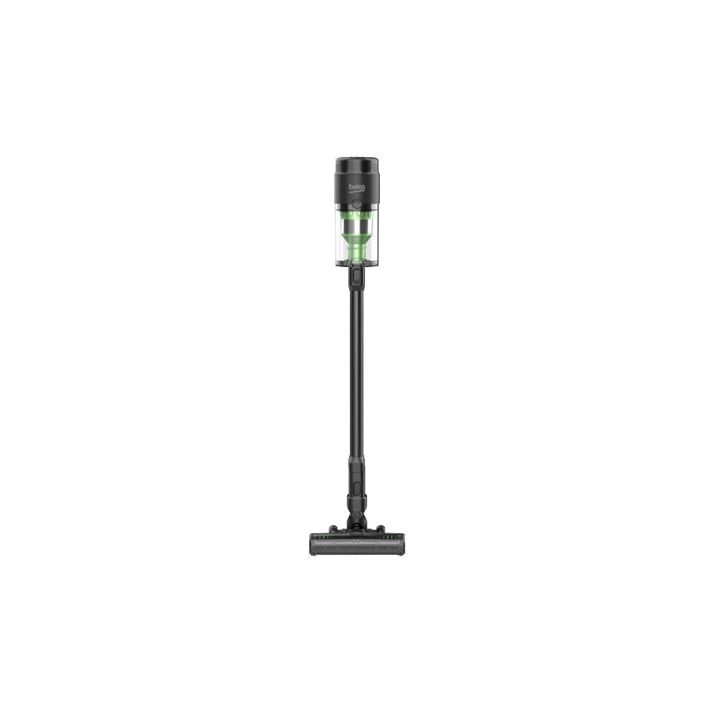 Un aspirapolvere senza fili Beko nero con contenitore polvere verde su sfondo bianco.