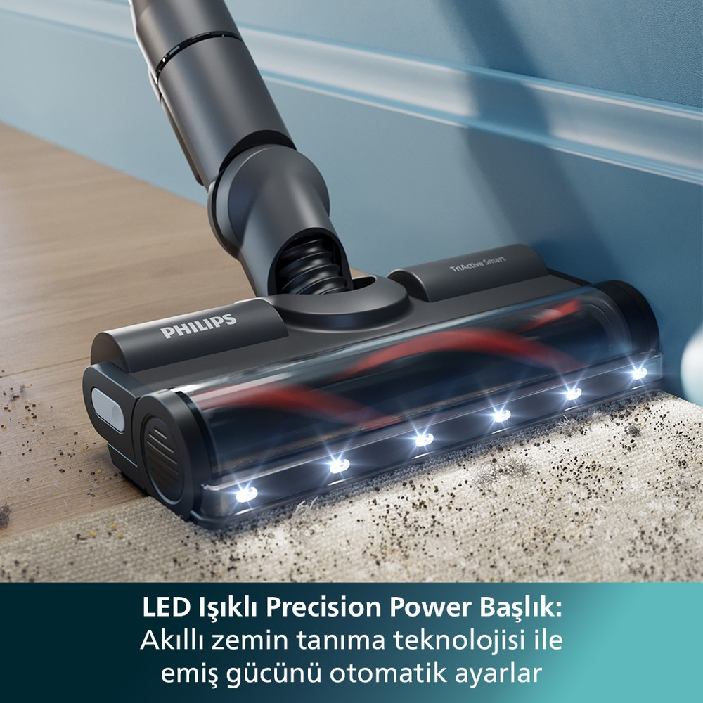 Philips LED ışıklı başlık halı ve ahşap zemini temizliyor.
