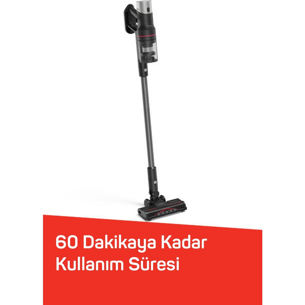 Kırmızı banner üzerinde beyaz zeminde duran siyah kablosuz süpürge.
