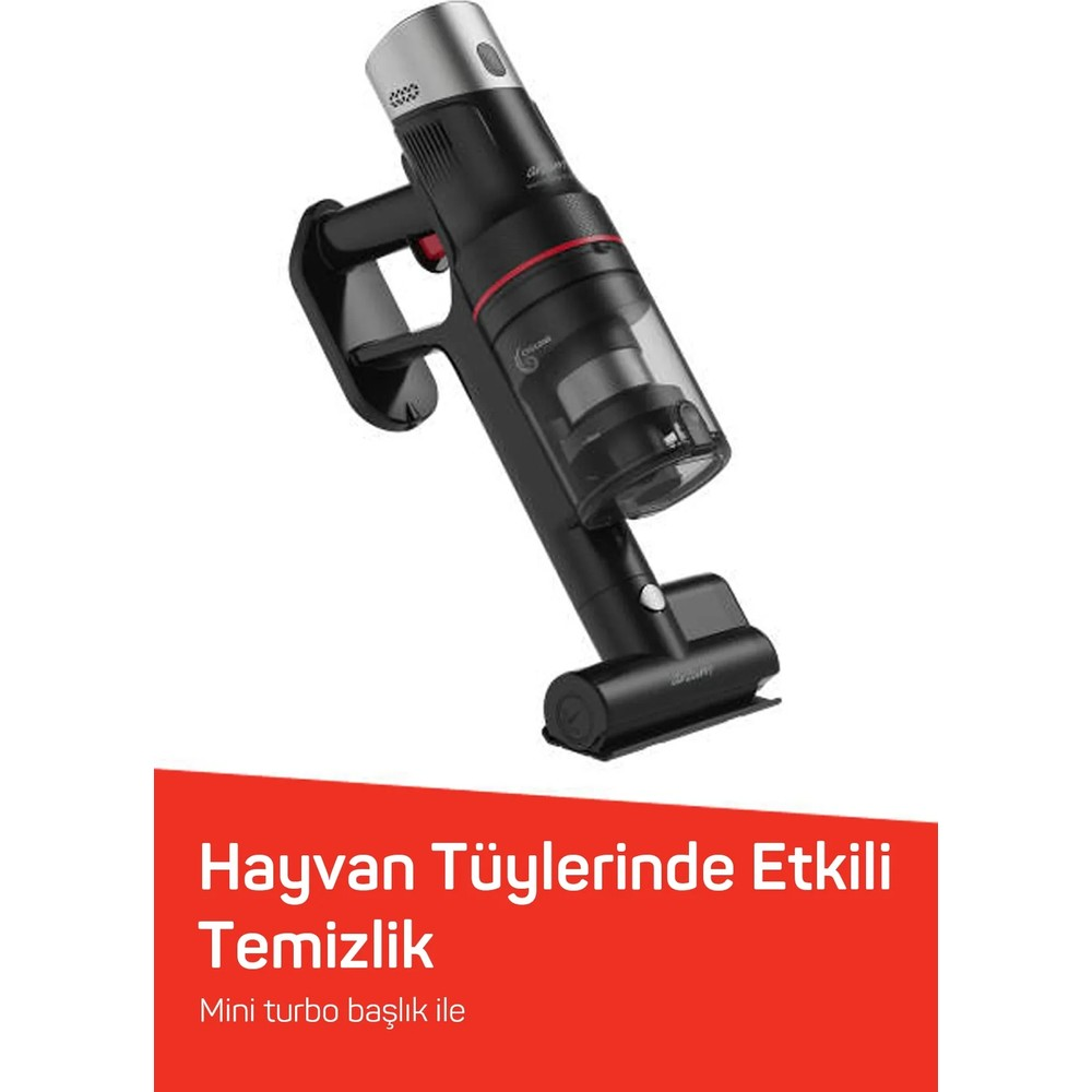 Siyah kablosuz elektrikli süpürge, kırmızı detaylı, beyaz zeminde.