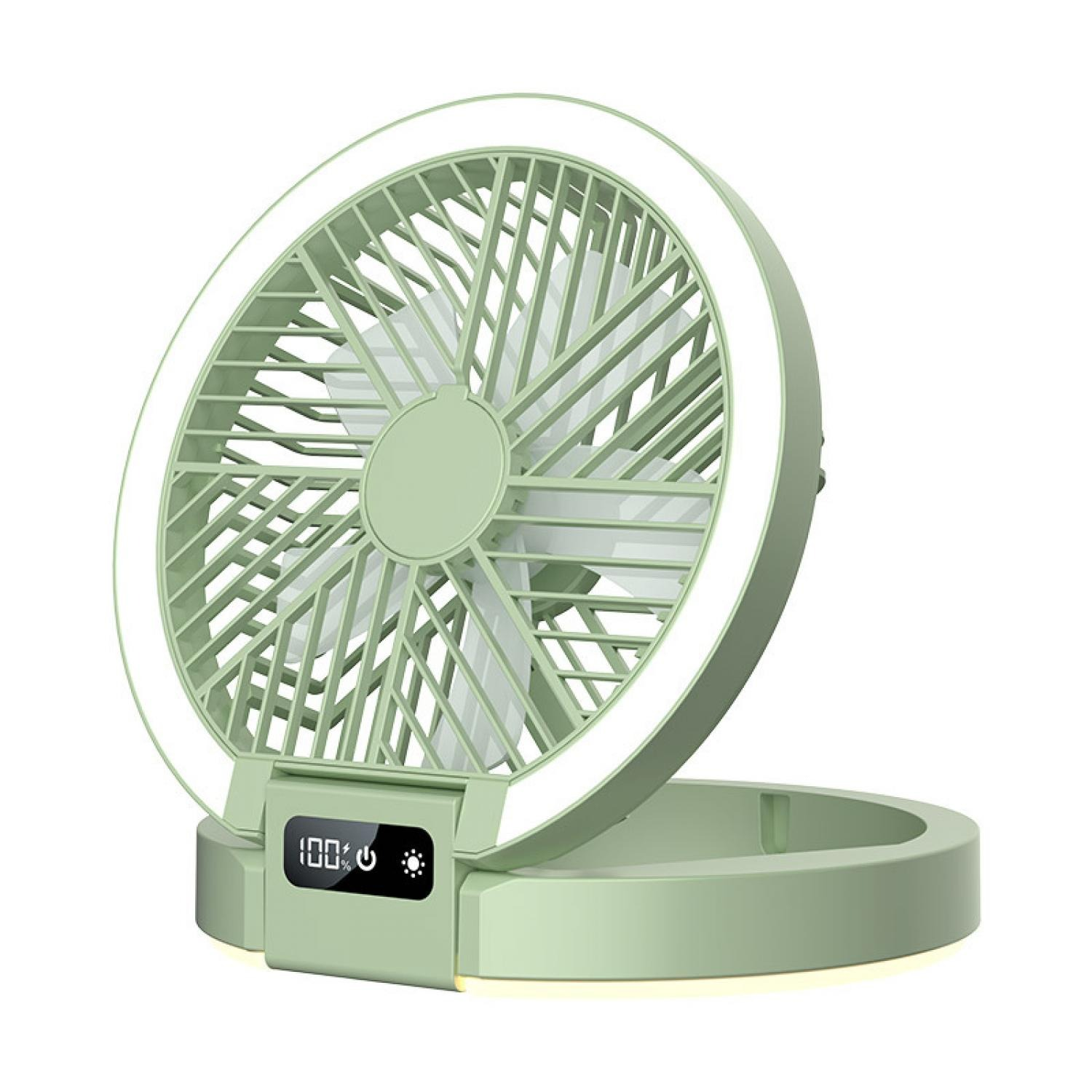 Ein hellgrüner, tragbarer Ventilator mit Ringlicht und digitaler Anzeige.