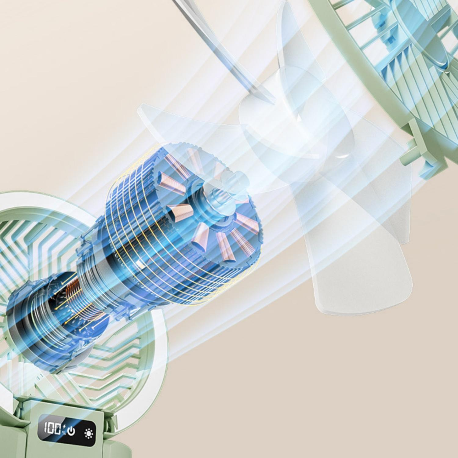 Detailansicht eines Lüftermotors mit durchsichtigen Rotorblättern und Lüftergitter.