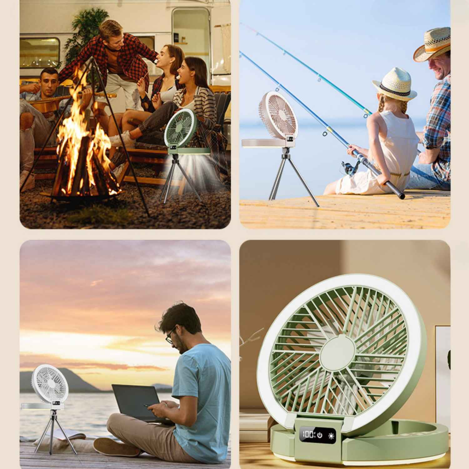 Leute genießen einen Ventilator am Lagerfeuer, beim Angeln, bei der Arbeit am Laptop und eine Nahaufnahme des Ventilators.