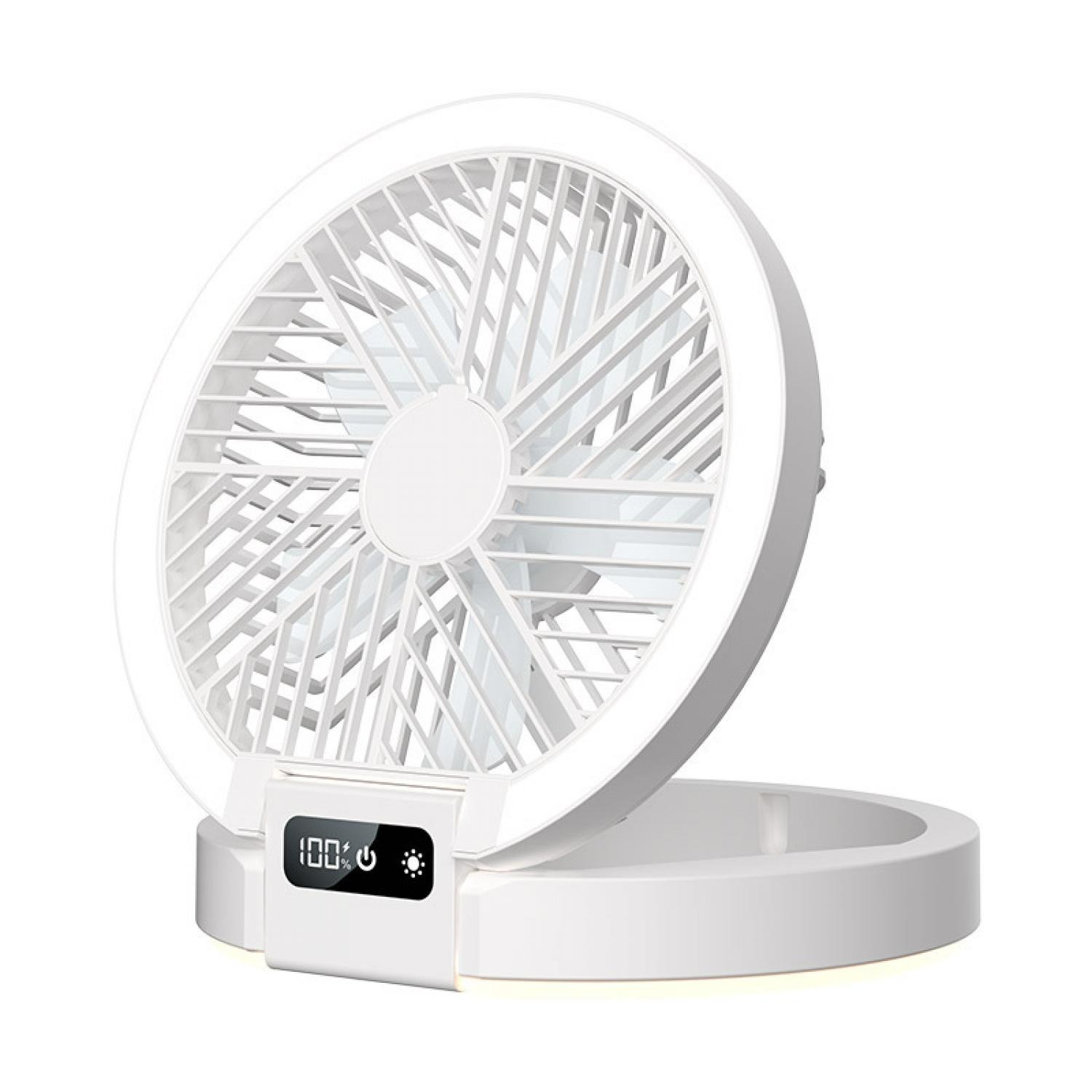 Ein weißer tragbarer Ventilator mit Digitalanzeige, die 100 % Akku und ein Lichtsymbol zeigt.