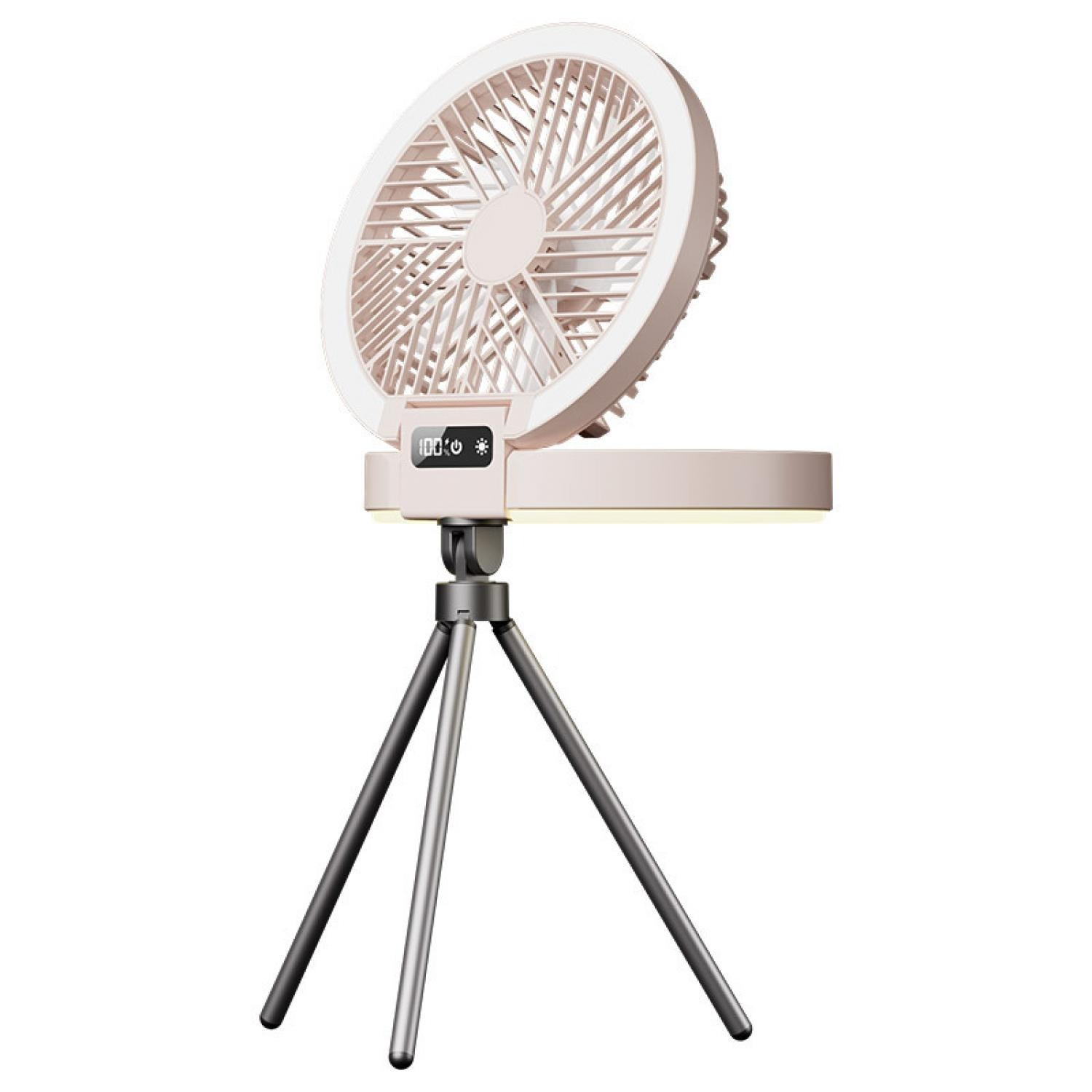 Ein rosa Ventilator mit integriertem Licht auf einem silbernen Stativ.