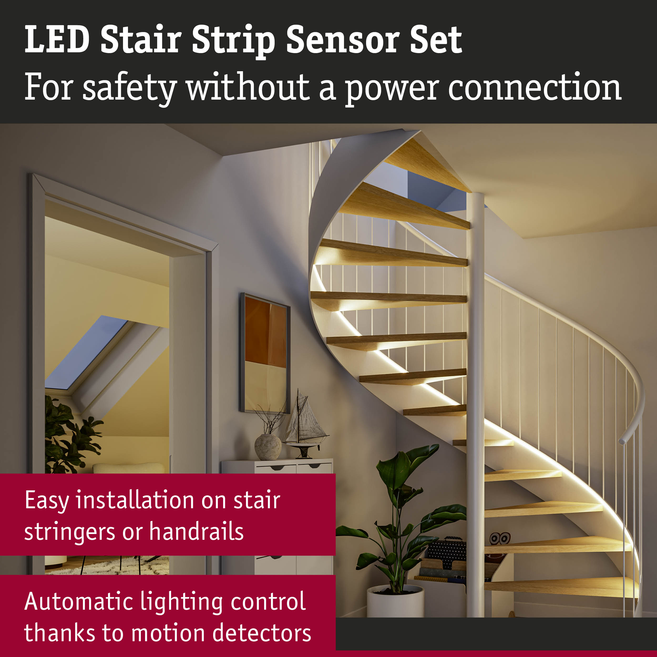 Eine Wendeltreppe mit LED-Streifen beleuchtet die Stufen. Text über Sicherheit.