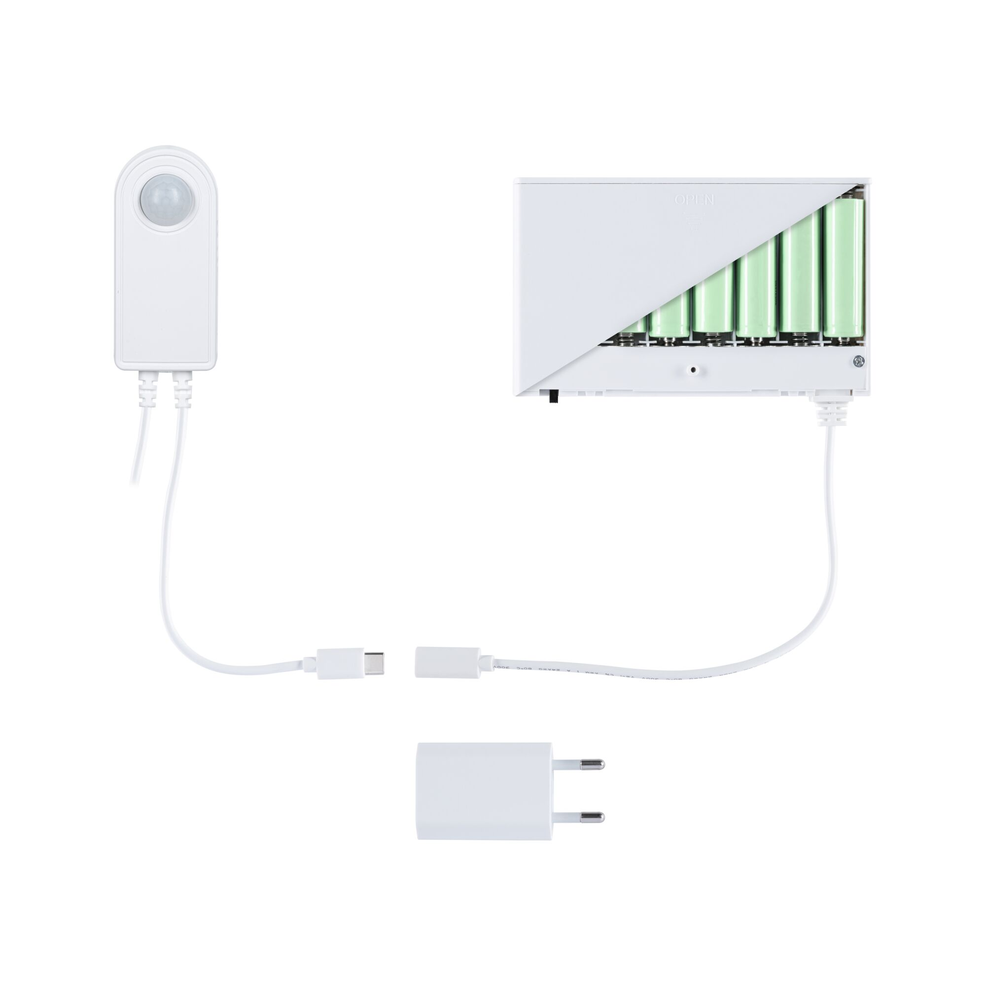 Ein weißer Bewegungsmelder, ein Netzteil mit Batterien und ein Ladekabel.