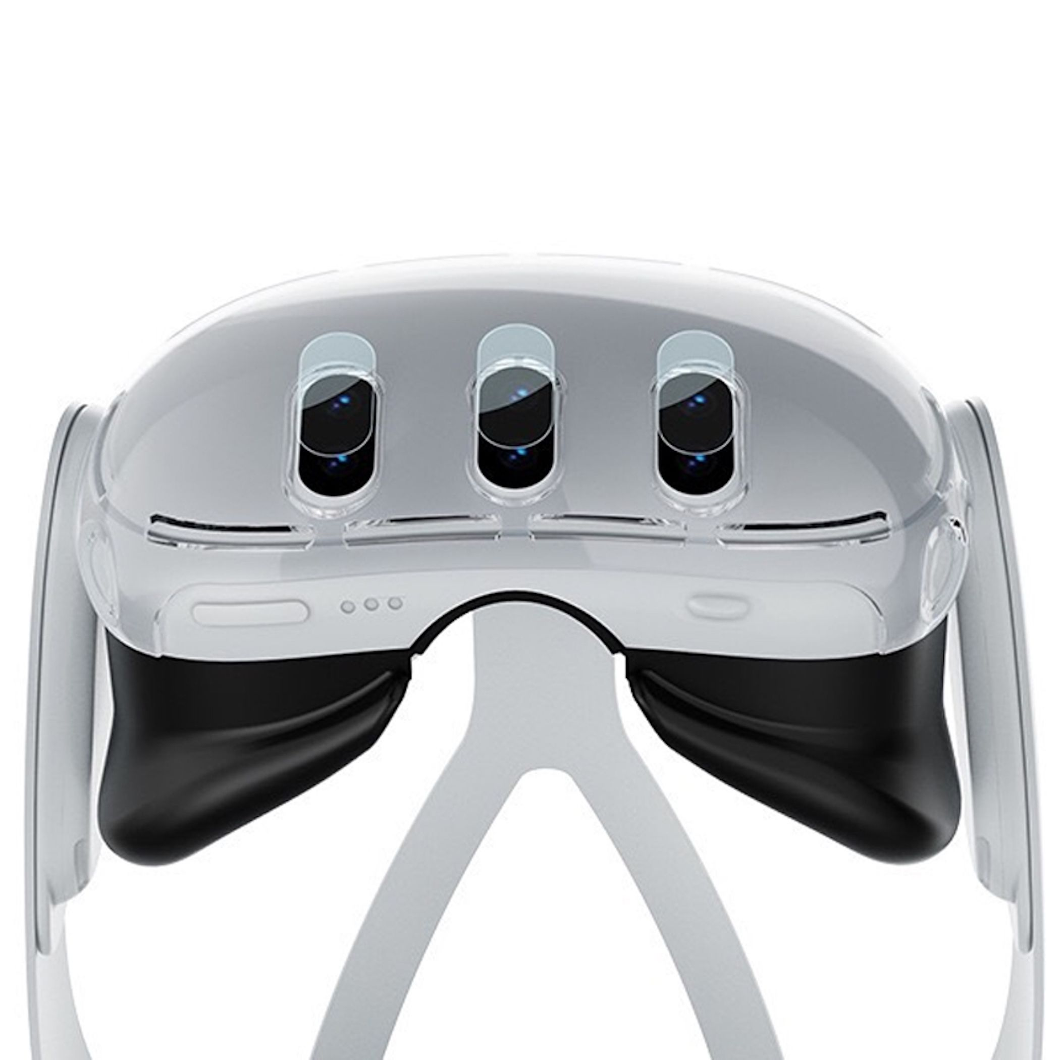 Nahaufnahme einer VR-Brille mit drei Objektiven und schwarzer Polsterung.