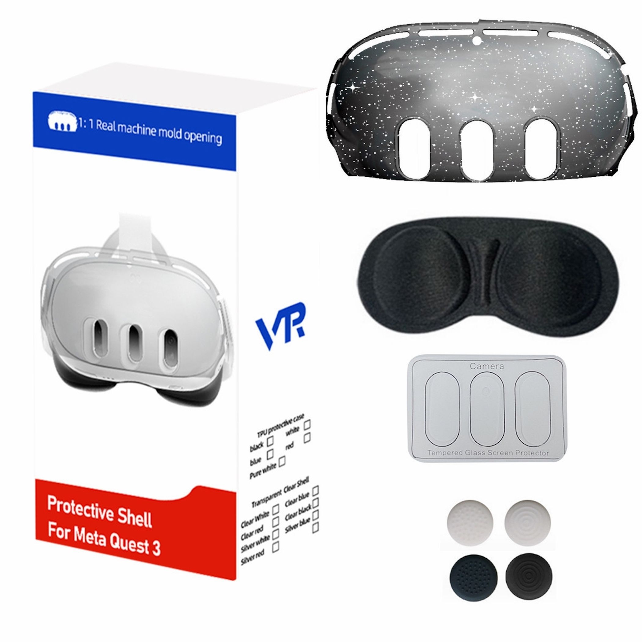 VR-Zubehör: Schutzhülle, Gesichtsabdeckung, Kamerabildschirmschutz und Joystick-Kappen.