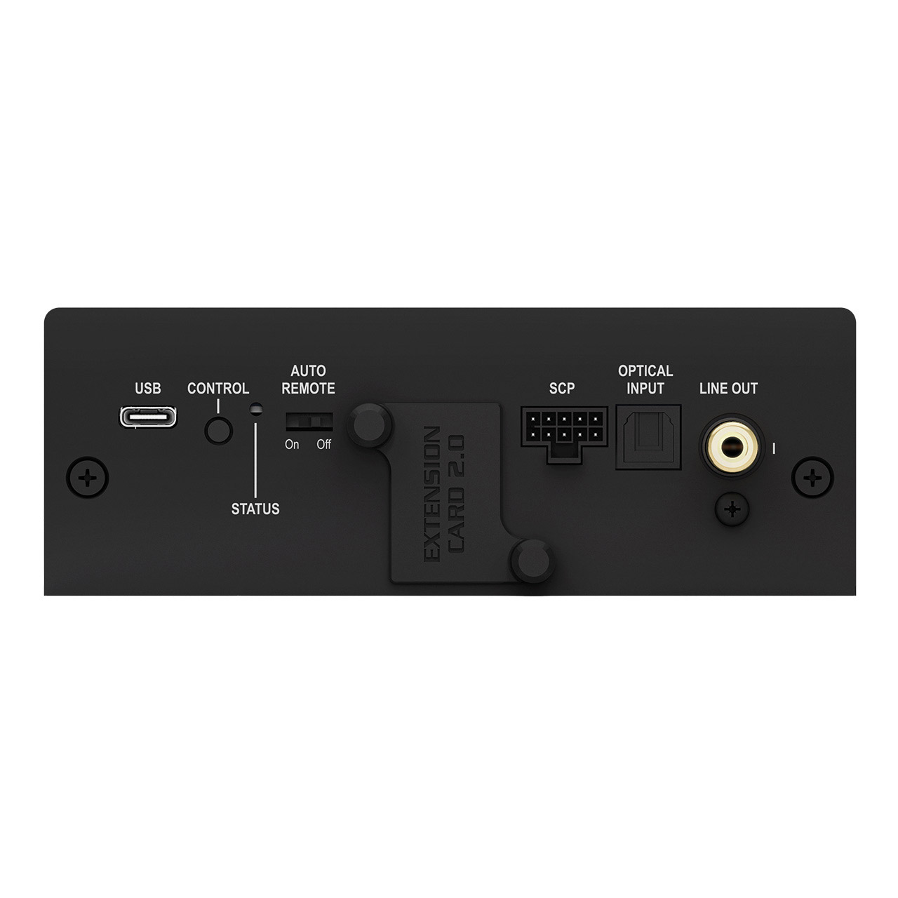 Rückwand mit USB, Steuerung, Fernbedienung, SCP, optischem Eingang, Line-Out und Erweiterungskartensteckplätzen.