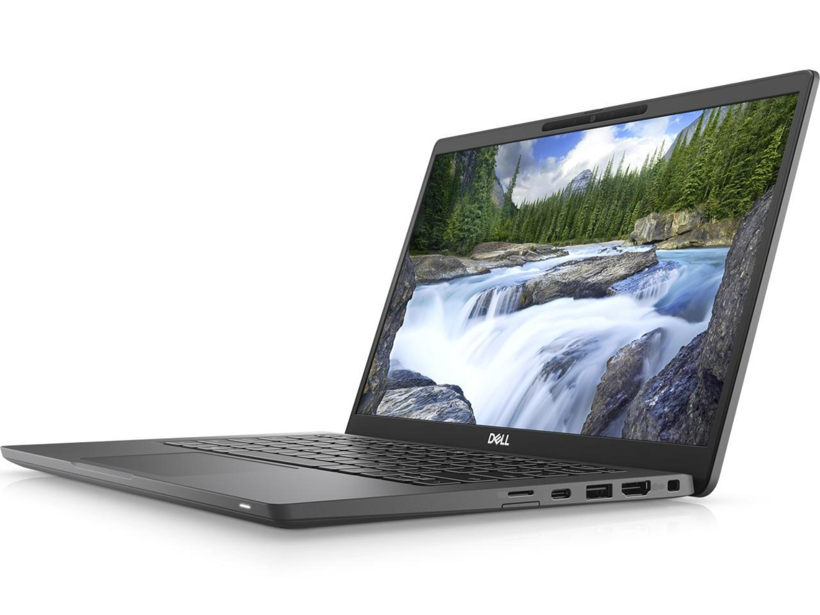 Grauer Dell Laptop mit Wasserfall-Hintergrundbild auf dem Bildschirm.