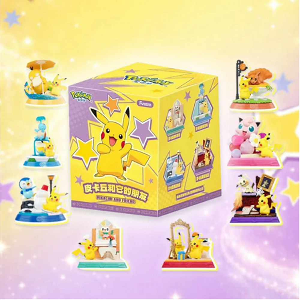 Pikachu und Freunde Figuren um eine gelbe Box mit Pikachu darauf.