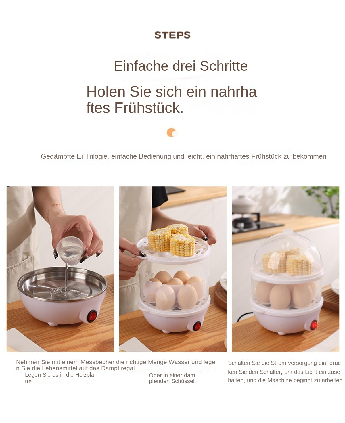 Drei Schritte: Wasser einfüllen, Lebensmittel auflegen, einschalten.