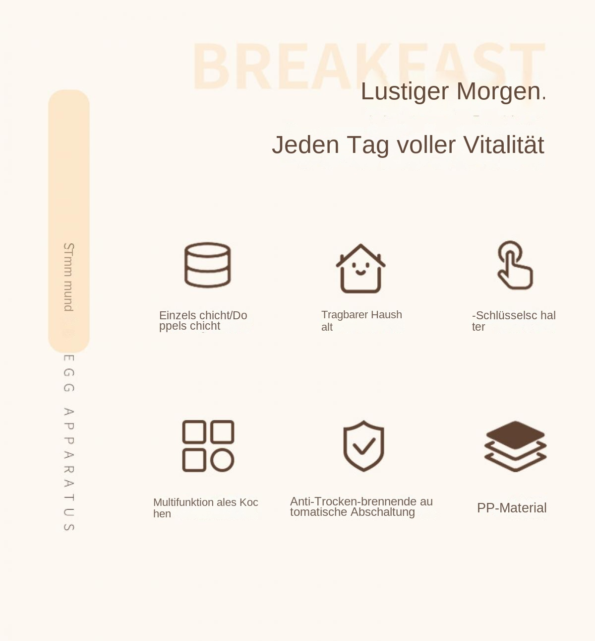 Grafiken mit Symbolen für Frühstücksfunktionen: Einzel-/Doppelschicht, tragbar, Schlüsselhalter.