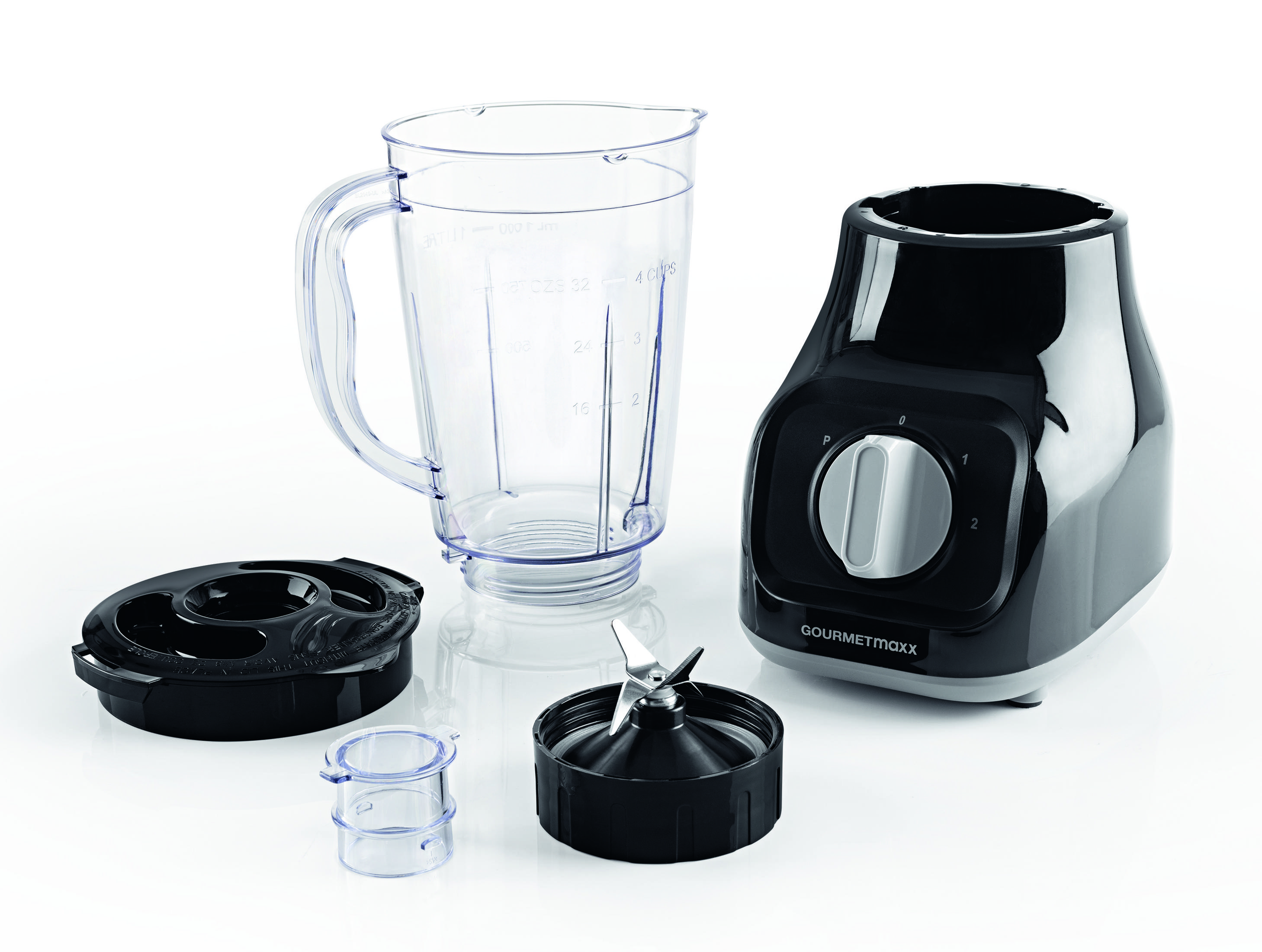 Schwarzer Standmixerfuß mit Bedienelementen, Messbecher, Klinge und Becher.