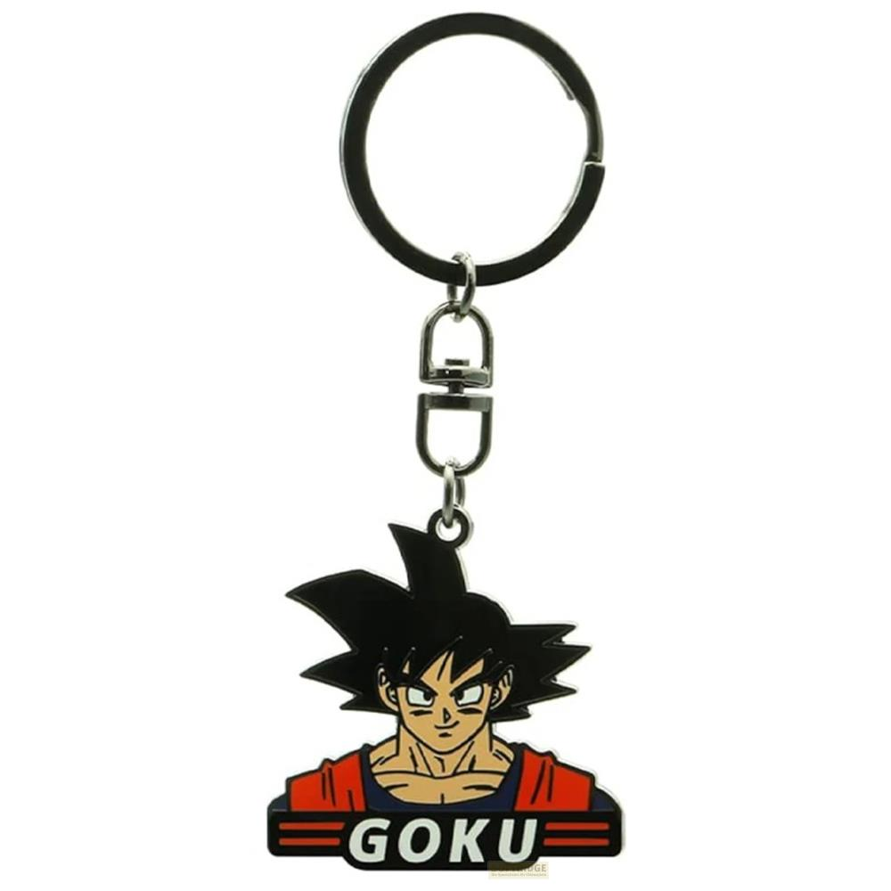 Llavero con figura de Goku y texto "GOKU" sobre fondo blanco.