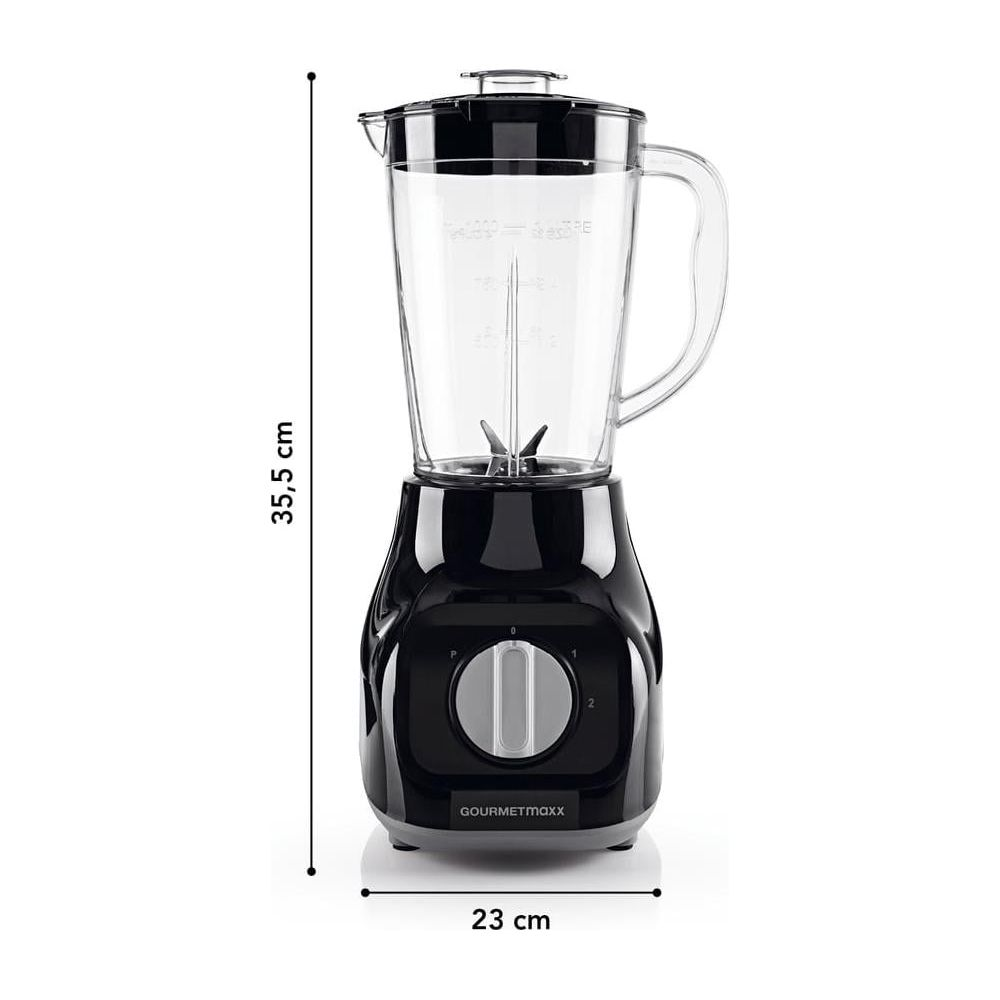 Schwarzer Standmixer mit Glasbehälter und silbernen Bedienelementen, 35,5 cm hoch.