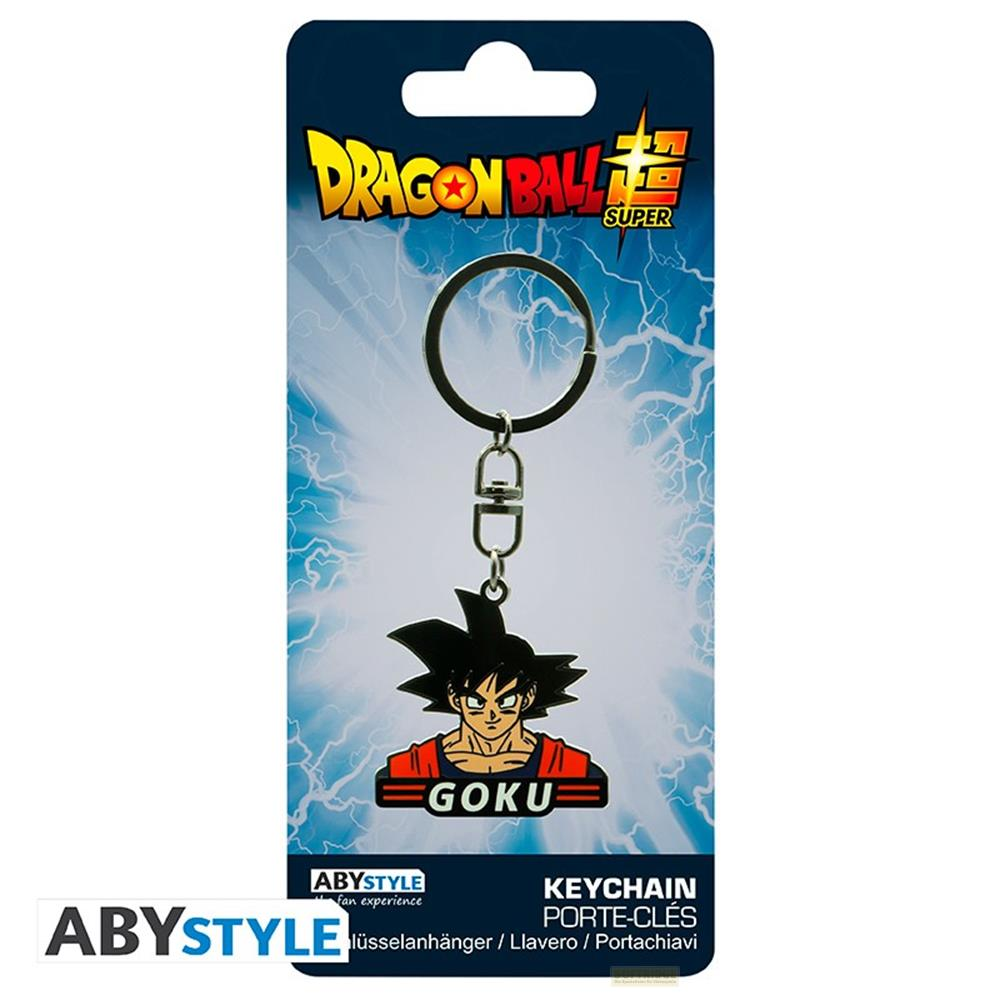 Un llavero con Goku de Dragon Ball Super sobre fondo azul.
