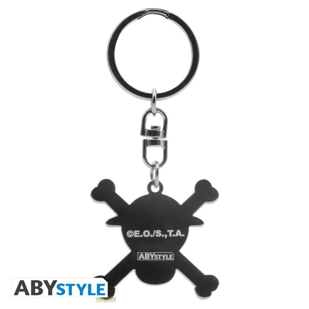 Llavero negro con símbolo de calavera y anilla.