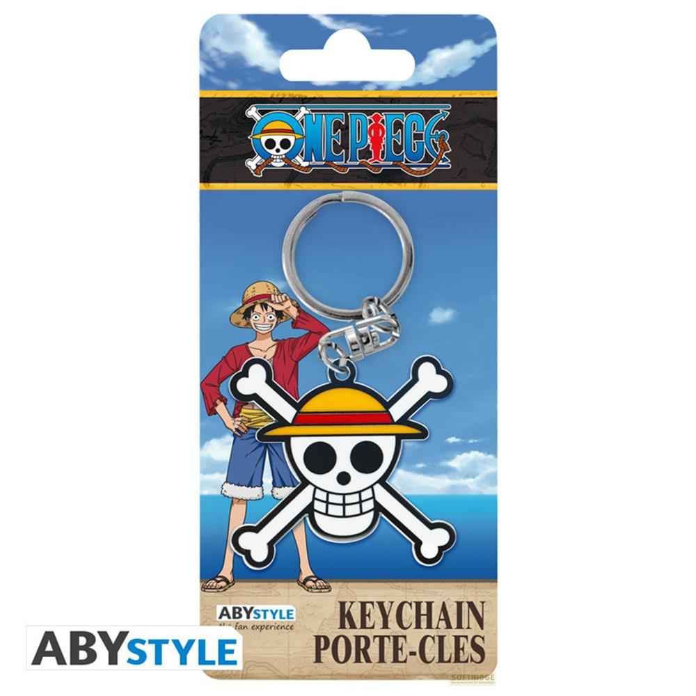 Llavero de One Piece con figura de Luffy y símbolo de calavera sobre fondo azul.