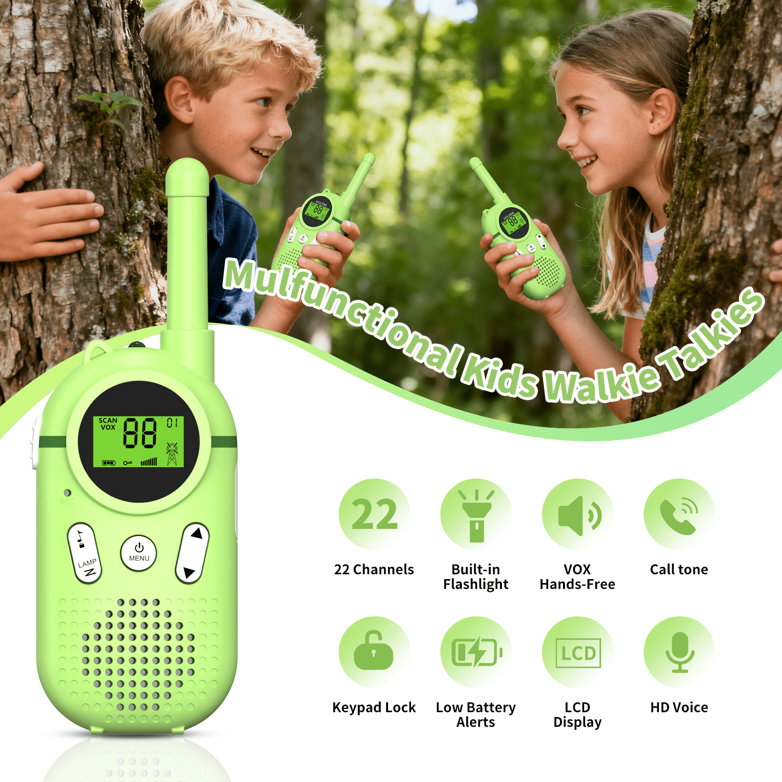 Zwei Kinder halten grüne Walkie-Talkies im Wald. Produktmerkmale aufgelistet.