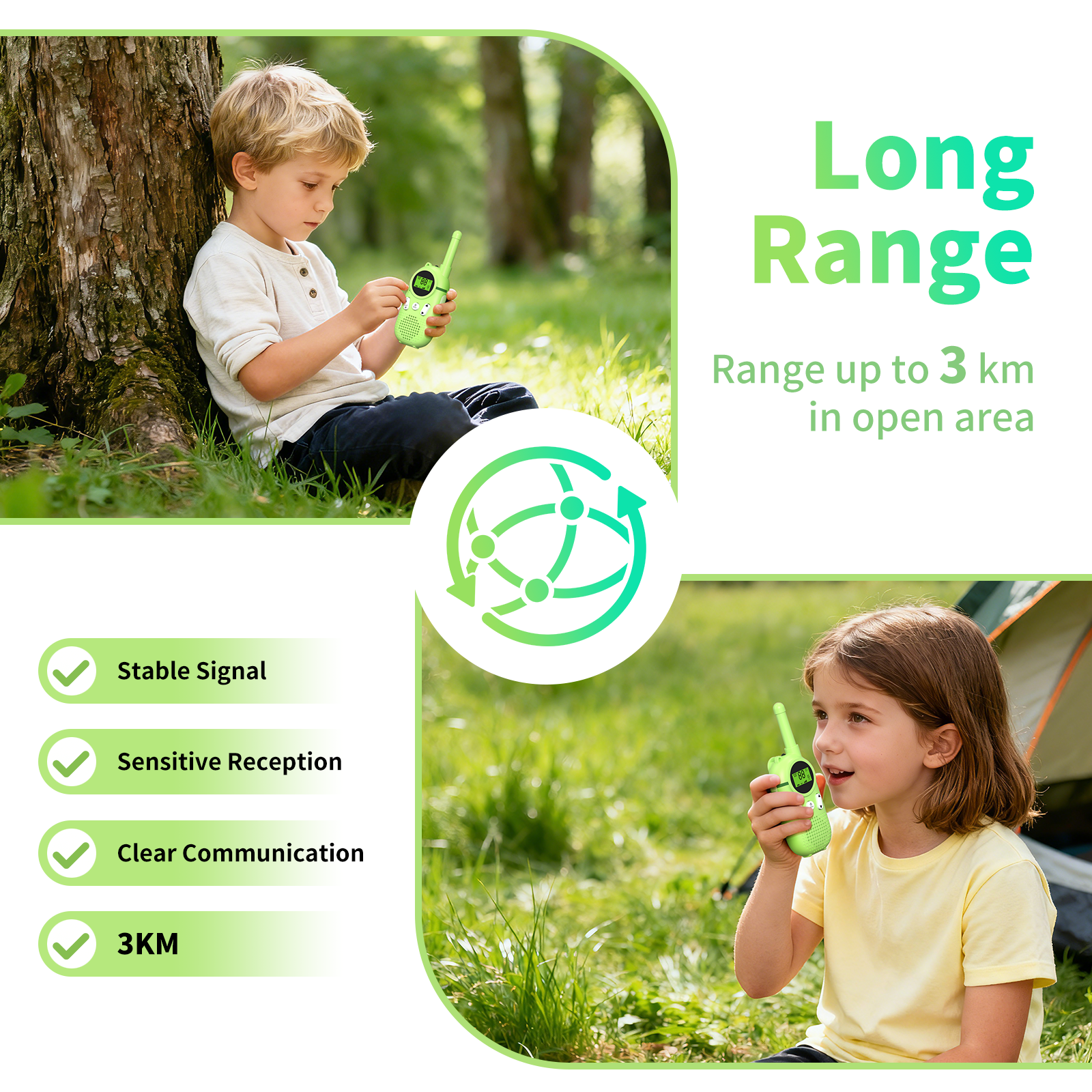 Kinder mit Walkie-Talkies im Freien, mit Text über Reichweite und Funktionen.