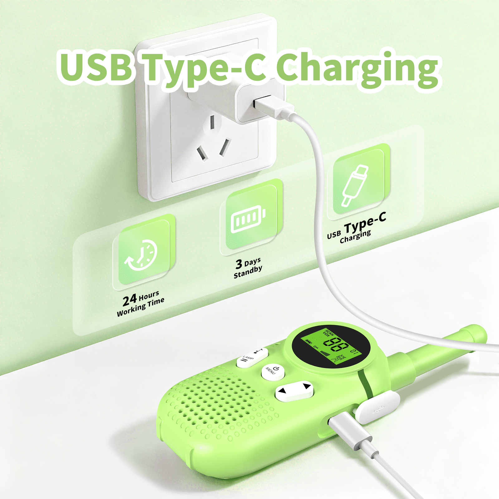 Ein grünes Walkie-Talkie wird über USB Typ-C geladen, neben Icons für Arbeitszeit und Standby.