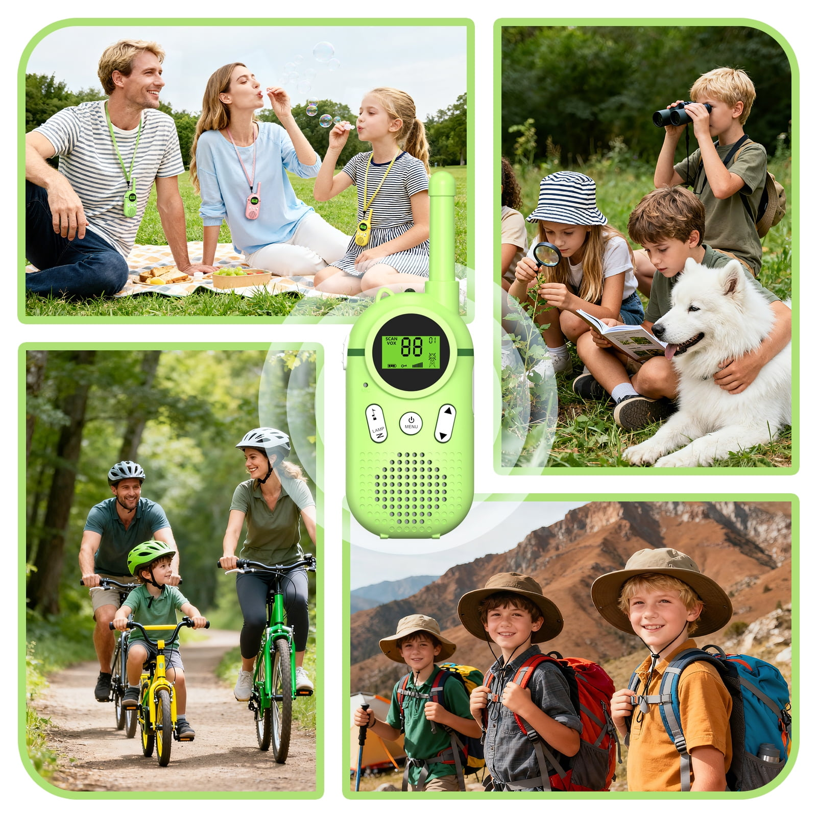 Collage von Familienaktivitäten: Picknick, Radfahren, Wandern und ein grünes Funkgerät.